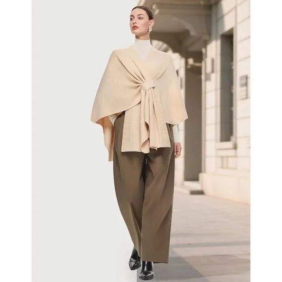 Women's Beige Elegant Open Poncho Sweater Spring Fall Winter Shawl Wraps - Picture 2 of 6